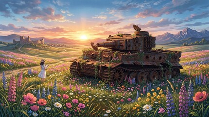 戦車の残骸と花畑