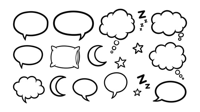 Dreamy Thoughts & Slumber Bubbles: A collection of thought bubbles and sleep-related icons. Representing dreams, sleep, and the quiet of the night.