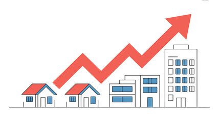 Fototapeta premium Houses and buildings with rising graph and arrow on white background