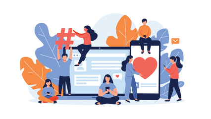 Naklejka premium Group of people interacting with oversized social media icons and devices to represent online community engagement and digital communication trends.