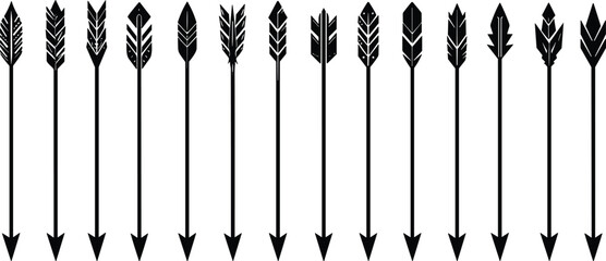 Collection of black arrow silhouettes with various feather fletching designs isolated on white background for archery and hunting vector graphics © rakib's world