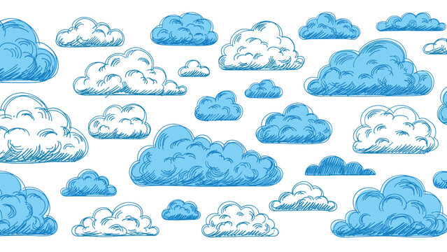 Seamless pattern showing a variety of sketched blue and white clouds with crosshatch shading to create a textured sky background effect.