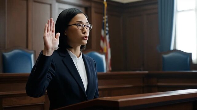 Woman swearing oath in courtroom legal testimony and justice concept