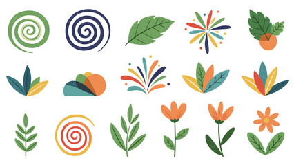 Fototapeta premium Diverse collection of nature and abstract icons including leaves flowers and spirals in earthy tones are presented on a white background.