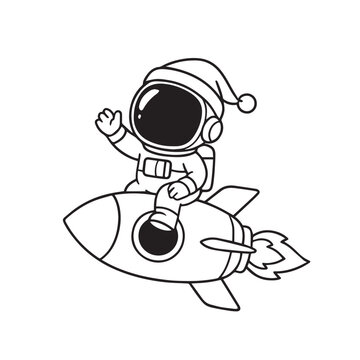 Cute cartoon astronaut wearing a Santa hat while riding a rocket, designed as a fun coloring vector with bold outlines and playful festive space theme.