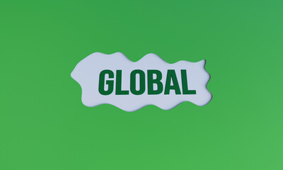 3D Illustration of Global Word on Fluid Wave Shape, Green Abstract Background