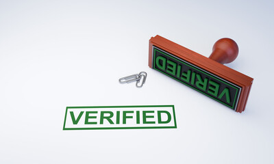 3D Illustration of Verified Approval Rubber Stamp with Key on Clean Background, Identity Verification and Business Validation Concept