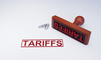 3D Rubber Stamp Illustration of Tariffs Text, Red Ink Stamp on White Background