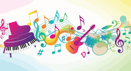 A vibrant, colorful illustration of musical instruments and symbols © Fika