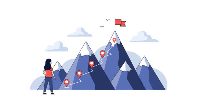 Flat illustration of a woman looking at a mountain range with a marked path and a flag on the summit representing goal setting.