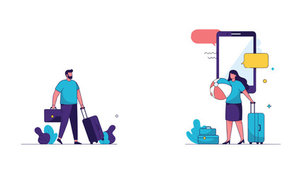 Fototapeta premium Two flat illustrations showing a man traveling with suitcases and a woman with a suitcase, beach ball, and large smartphone screen.