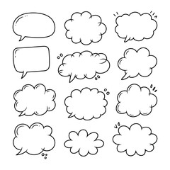 Fototapeta premium Cloud Speech Bubbles in Doodle Style: A collection of various cloud-shaped speech bubbles, hand-drawn with a doodle style. Ideal for illustrating dialogues, thoughts, or ideas in creative designs.
