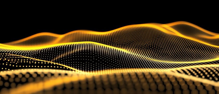 Digital Waves Forming Illuminated Yellow Dot Pattern on Dark Surface with Metallic Highlights