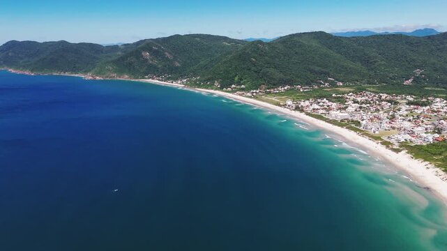 Aerial view of the Brazilian beach of Acores, Santa Catarina island, Florianopolis.