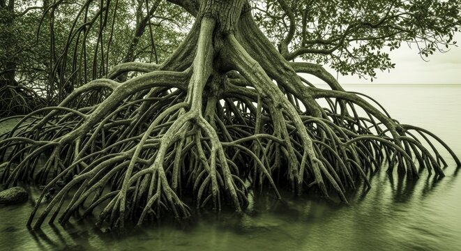Mangrove Trees with Exposed Roots in Water.