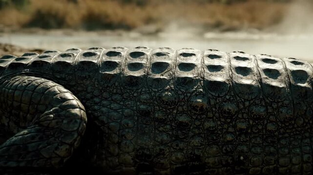 Detailed scales of large Crocodile basking in sun near water, animal wildlife.