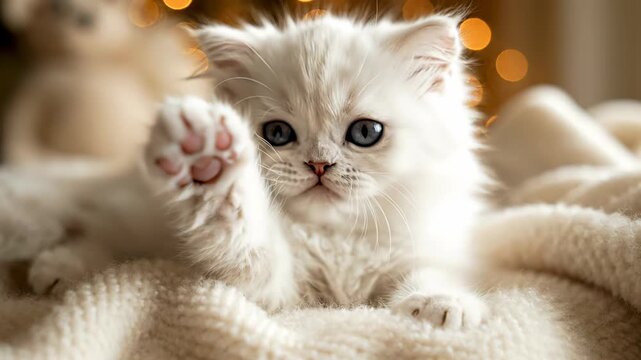 White fluffy kitten with blue eyes playfully raises paw while resting on soft blanket, warm bokeh lights and teddy bear visible in the cozy indoor setting