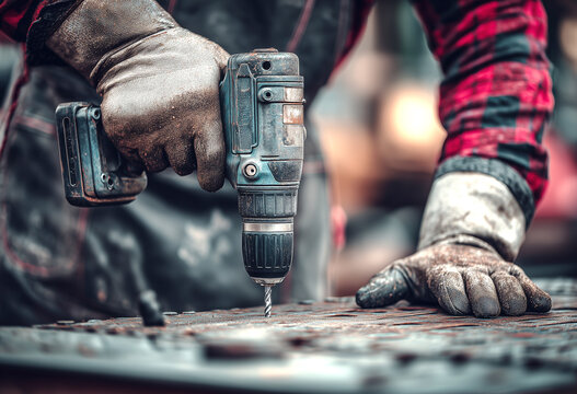 Persona con guantes grises y uniforme oscuro sosteniendo un taladro inal&aacute;mbrico azul, con cintur&oacute;n de herramientas visible y una obra en construcci&oacute;n desenfocada al fondo.