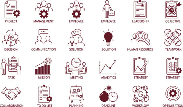 Business management concepts illustrated with icons and graphics representing leadership teamwork strategy and human resources in a corporate setting from various viewpoints