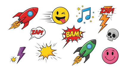 Comic Pop Art Collection: A vibrant compilation of comic book-style elements, with explosive bursts of color, whimsical emojis, and dynamic rocket ships. © Rahimatul