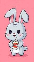 Obraz premium Cute cartoon rabbit holding juice box.