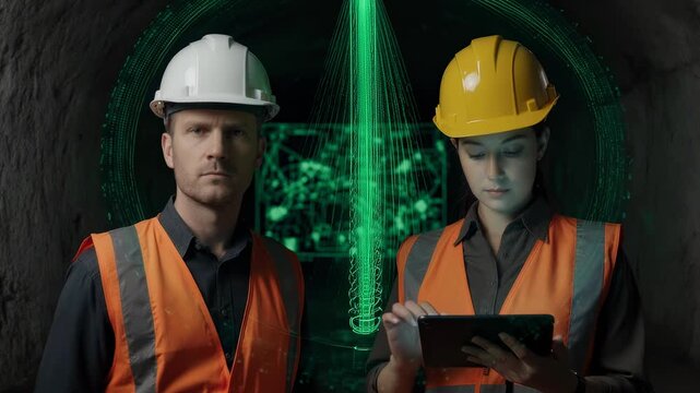 Futuristic Engineers Analyzing Digital Holographic Projection and Data in Underground Tunnel Construction Site
