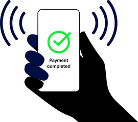 Hand Holding Smartphone Payment Completed Green Checkmark Vector Illustration