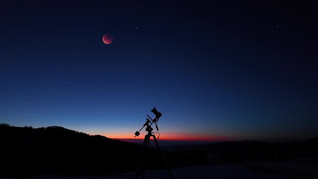Amateur astrophotography equipment with camera, tripod star-tracker for photographing stars, planets and Moon.