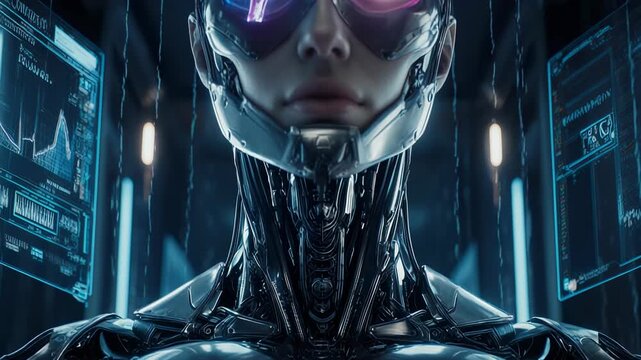 Futuristic Artificial Intelligence Cyborg with Neural Network Digital Brain and Cinematic Tech Interface