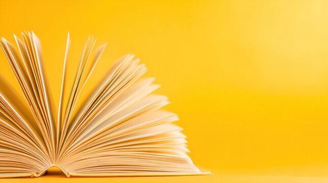 Open book with fanned pages on yellow background for education concept