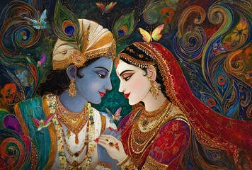 Fototapeta premium The spiritual portrait of Radha Krishna and her friends looking at each other with magical butterflies is a design for Krishna Janmashtami and Radhashtami Puja
