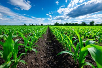 Naklejka premium Rows of Freshly Planted Crops Create Geometric Lines Across the Field With Strong Perspective Under a Blue Sky