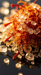 A dramatic, low-key photograph focuses on a pile of brilliant red saffron mingled with scattered, clear rock sugar pieces on a reflective dark surface.