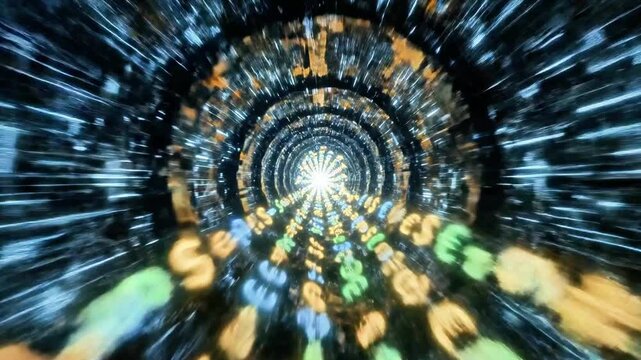 A vibrant, abstract depiction of various currency symbols radiating outward in a spiral pattern from a bright light source, creating a dynamic visual effect