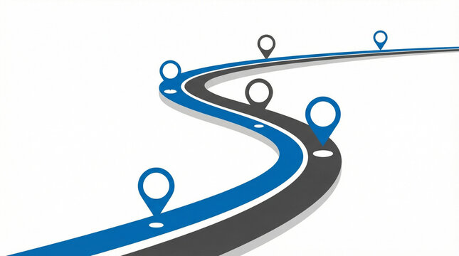 Curved road infographic with location pins illustrating journey milestones and navigation concept