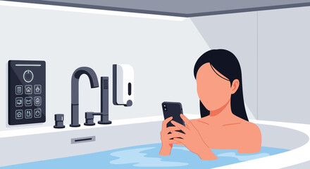 Woman relaxing in a bathtub with a smartphone, enjoying a serene bathroom ambiance from a high viewpoint