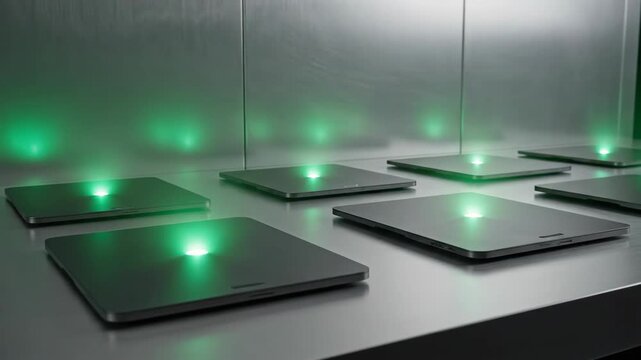 Multiple laptops on a metallic surface, technology and computer concept. Slim laptop computers arranged on a metal table for background. 