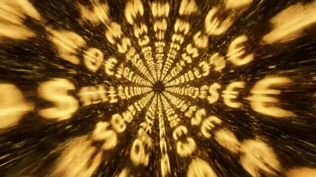 A golden tunnel of currency symbols radiating outward in a mesmerizing pattern