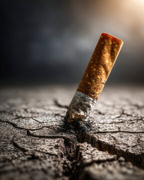 Discarded cigarette butt embedded in cracked urban ground highlighting environmental neglect and survival