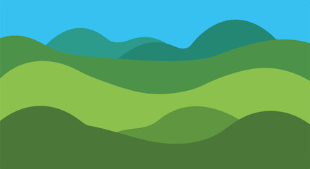 Obraz premium Abstract landscape of rolling hills in shades of green and blue sky