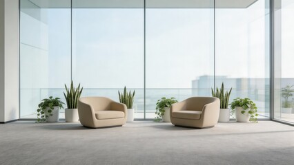 Fototapeta premium Modern minimalist lounge area with two armchairs and potted plants by a large window