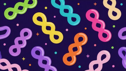 Seamless pattern of colorful infinity shapes and confetti on a dark background