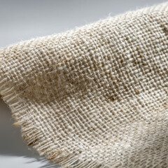 Coarse burlap linen fabric with raw weave pattern on tabletop, macro texture detail