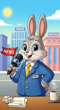 Cartoon rabbit news anchor broadcasting.