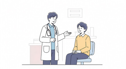 病院の診察室で対話する医師と患者のイラスト（医療・受診・健康診断・カウンセリング）