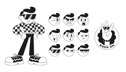 Fototapeta premium Funny retro cartoon character face drawing set on isolated background. Black and white vintage animation art style bundle. Trendy 50s mascot, facial expression graphic, mascot gesture sticker. vector 