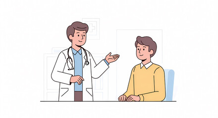 病院の診察室で対話する医師と患者のイラスト（医療・受診・健康診断・カウンセリング）