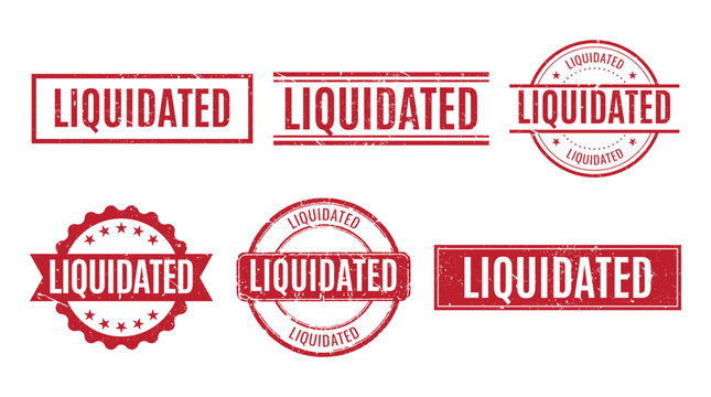 Collection of red liquidated rubber stamp vectors in various shapes for financial or legal business documents