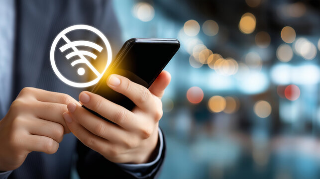 Faceless person holding smartphone with glowing no WiFi symbol, representing internet connection error, network outage, WiFi problem, cybersecurity risk, mobile connectivity issues,
