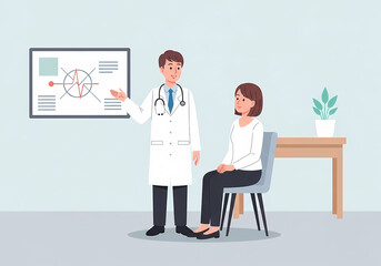 病院の診察室で対話する医師と患者のイラスト（医療・受診・健康診断・カウンセリング）